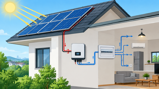 Sơ đồ tấm pin tạo điện DC, inverter chuyển thành điện AC và cấp cho tủ điện